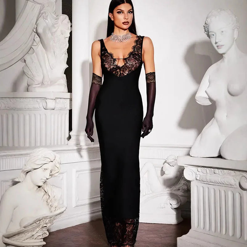 Lace Panel Maxi Dress – Elegant Evening Silhouette Dress for Women