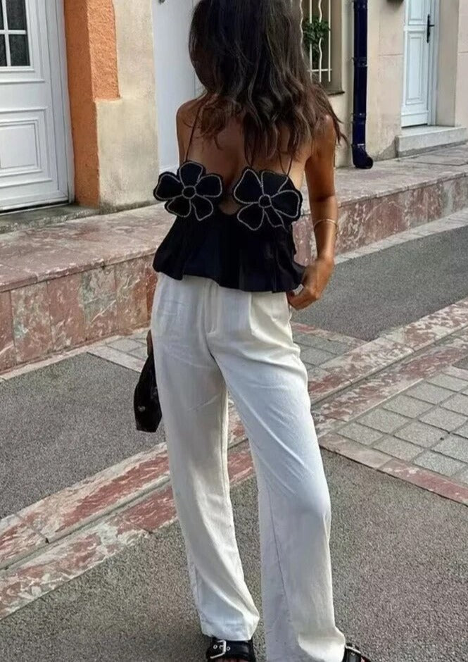 Embellished Black Flower Crop Top