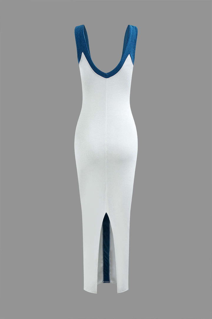 Colorblock V-Neck Ribbed Cocktail Maxi Dress