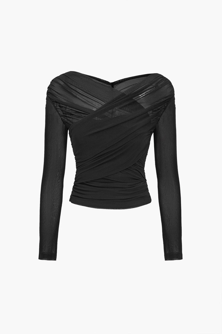 Sheer Mesh Ruched Long Sleeve Top
