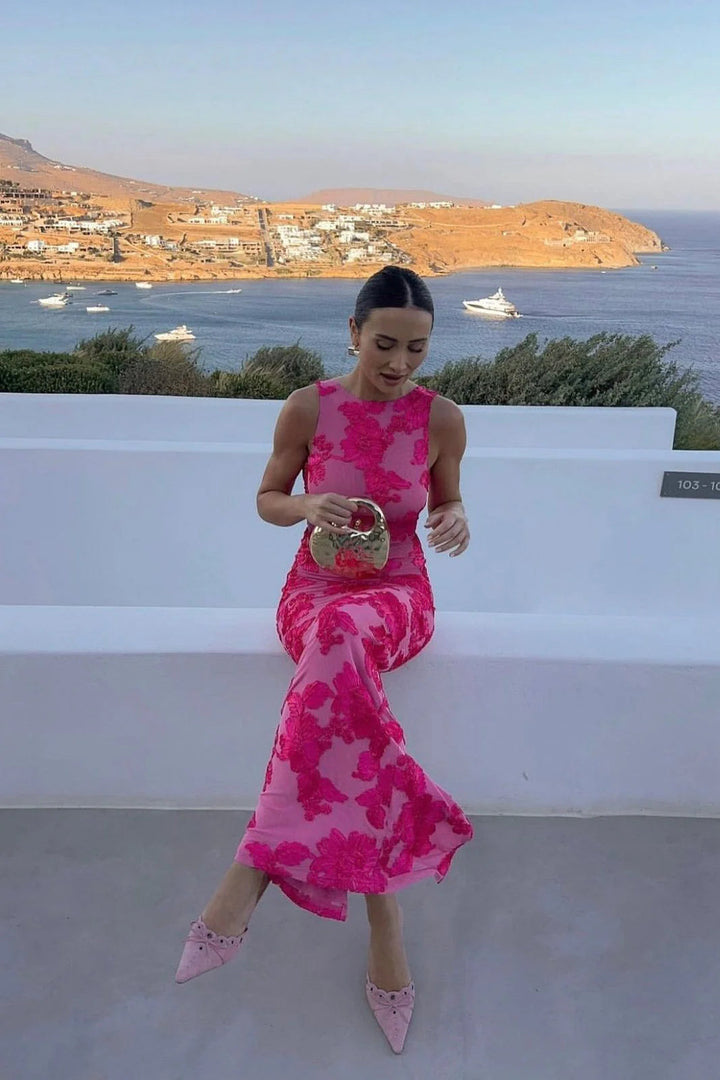 Floral Embroidered Sleeveless Evening Maxi Dress