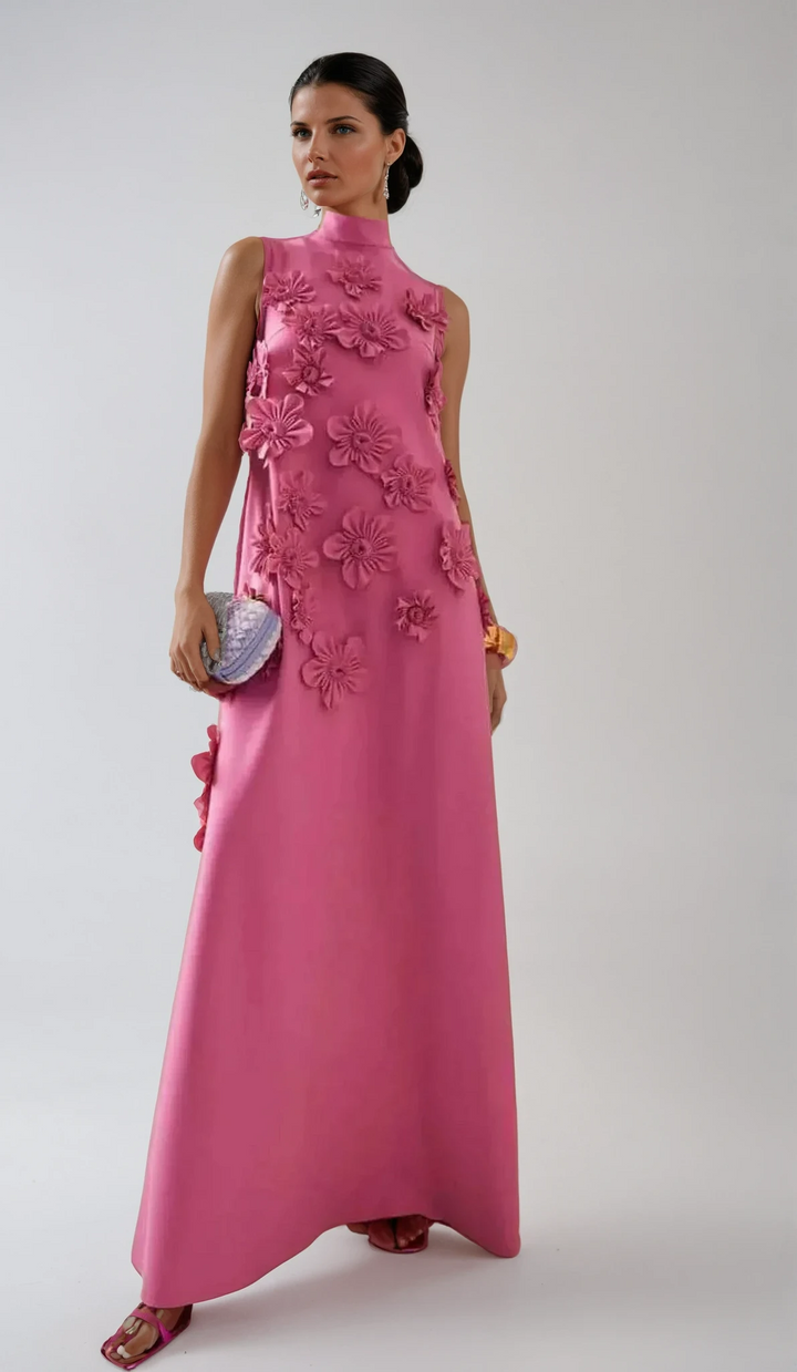 Flower Embellished Sleeveless Summer Evening Maxi Dress