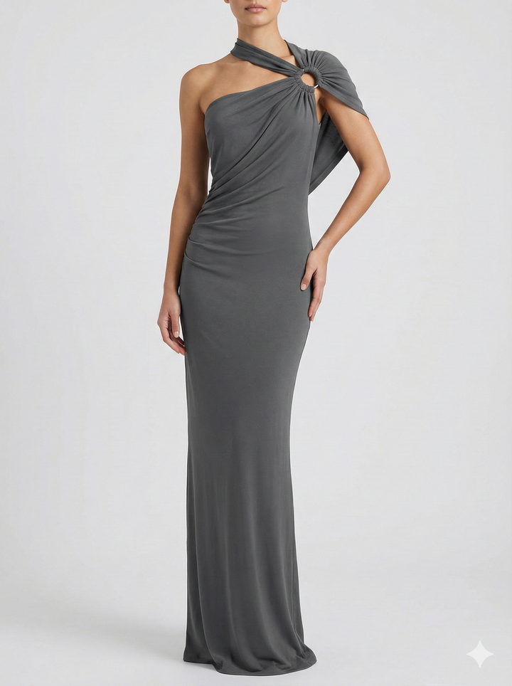 Draped One Shoulder Maxi Dress with Sculpted Silhouette