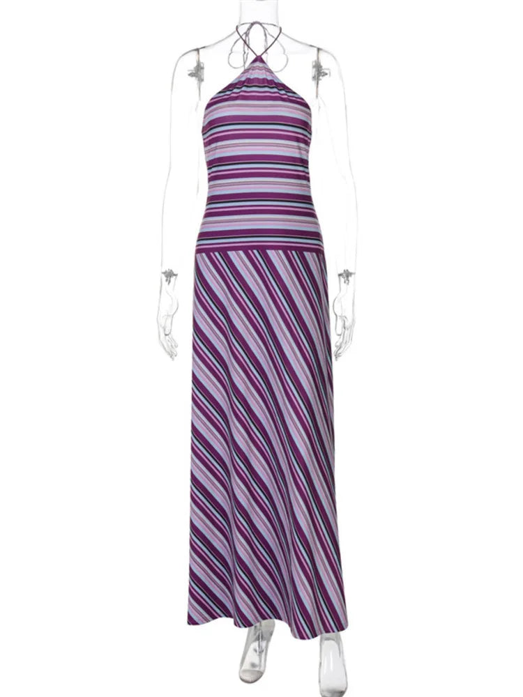 Halter Neck Maxi Dress – Striped Evening Silhouette Dress for Women