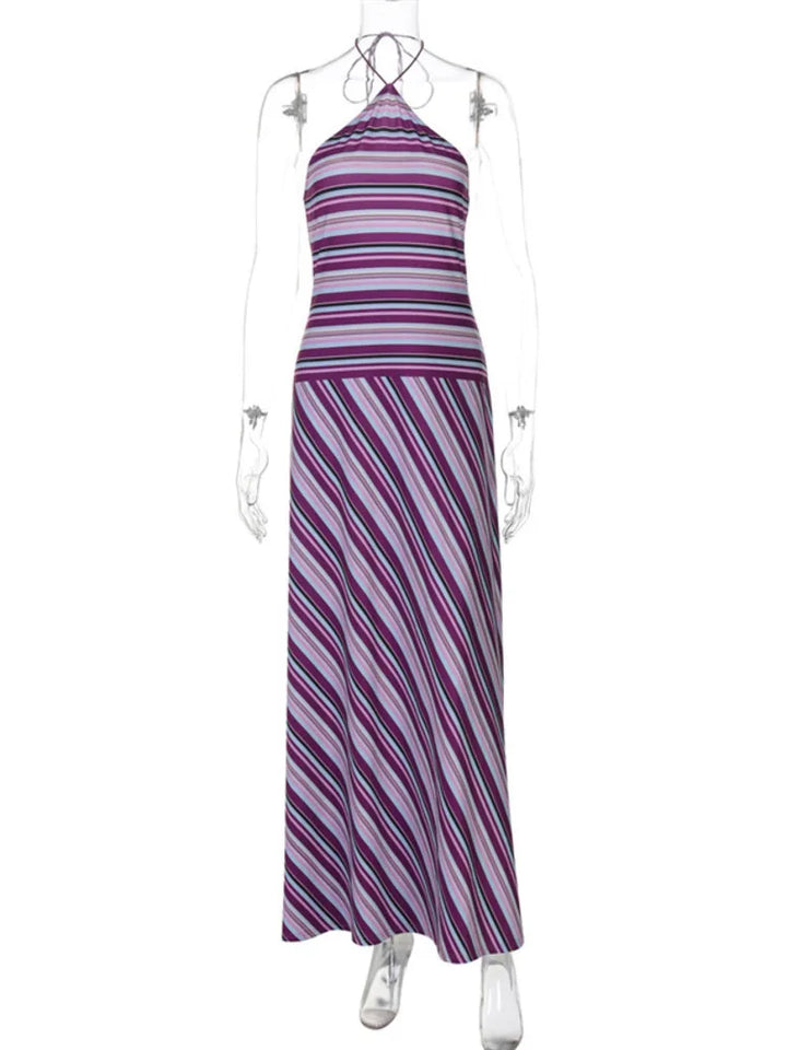 Halter Neck Maxi Dress – Striped Evening Silhouette Dress for Women