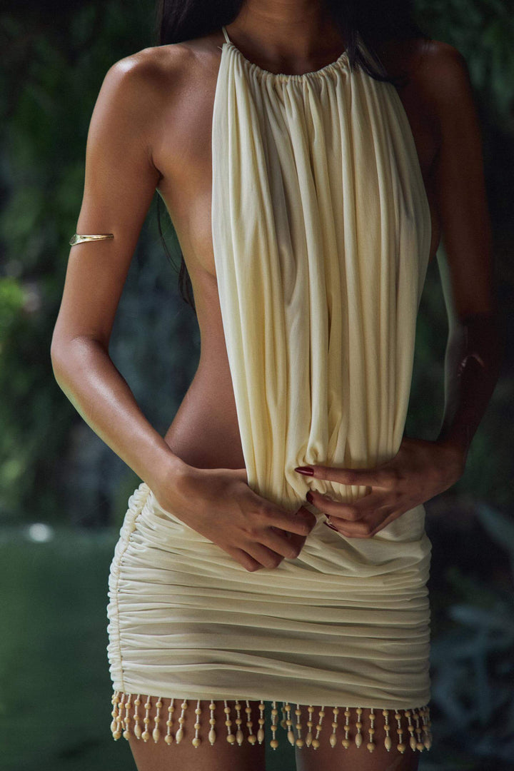 Pleated Halterneck Open Back Mini Dress