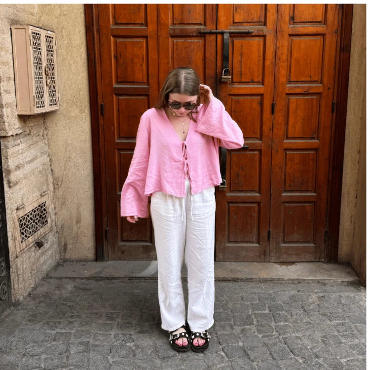 Sicily Front-Tie Linen Top