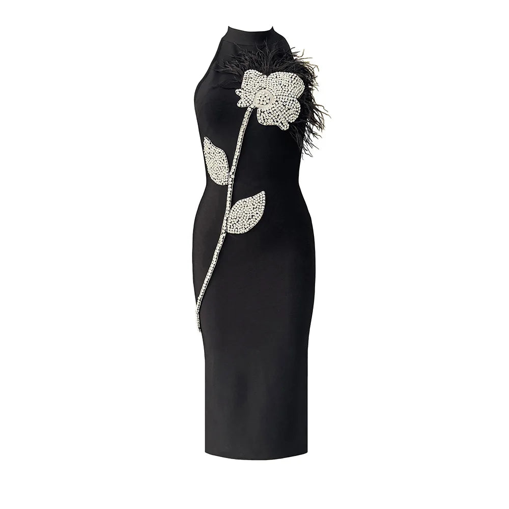 Backless Feather Embellished Midi Dress