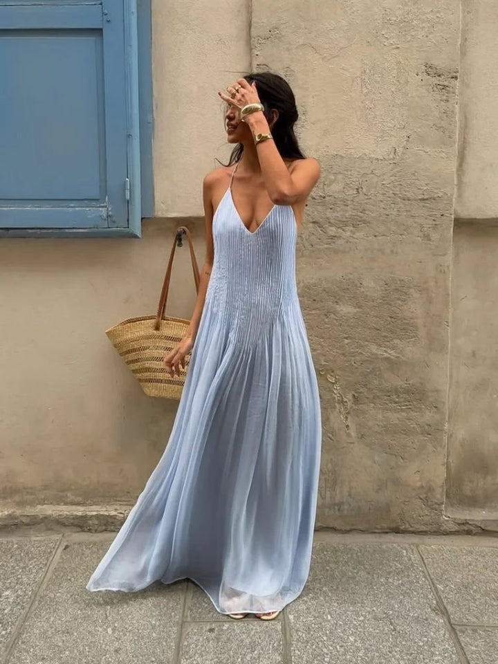 Pleated Spaghetti Strap Maxi Dress with Flowing Silhouette