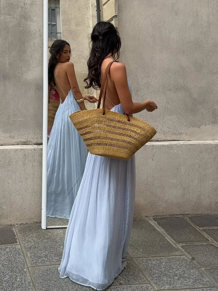 Pleated Spaghetti Strap Maxi Dress with Flowing Silhouette