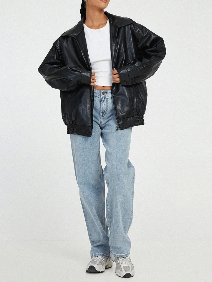 Oversized Women's Leather Bomber Jacket with Zip