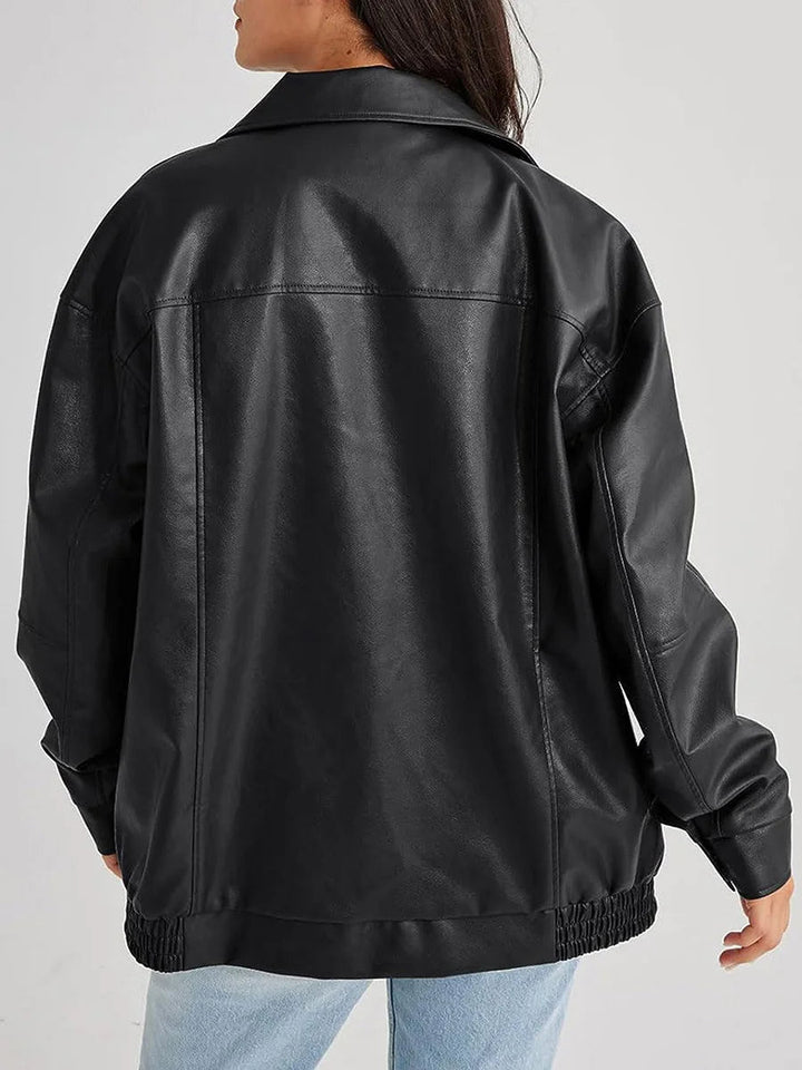 Oversized Women's Leather Bomber Jacket with Zip