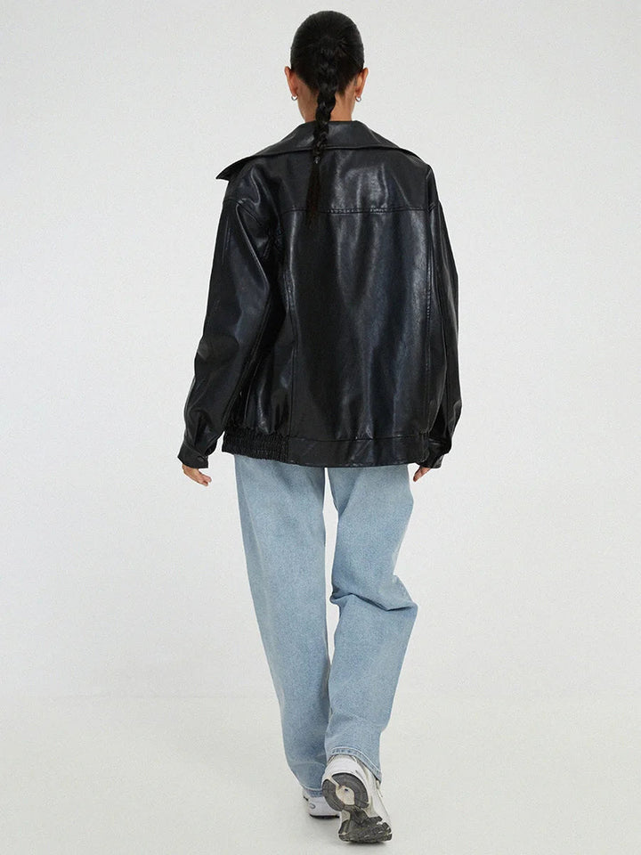 Oversized Women's Leather Bomber Jacket with Zip