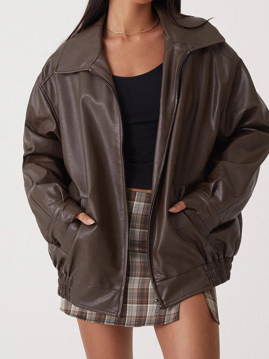 Oversized Women's Leather Bomber Jacket with Zip